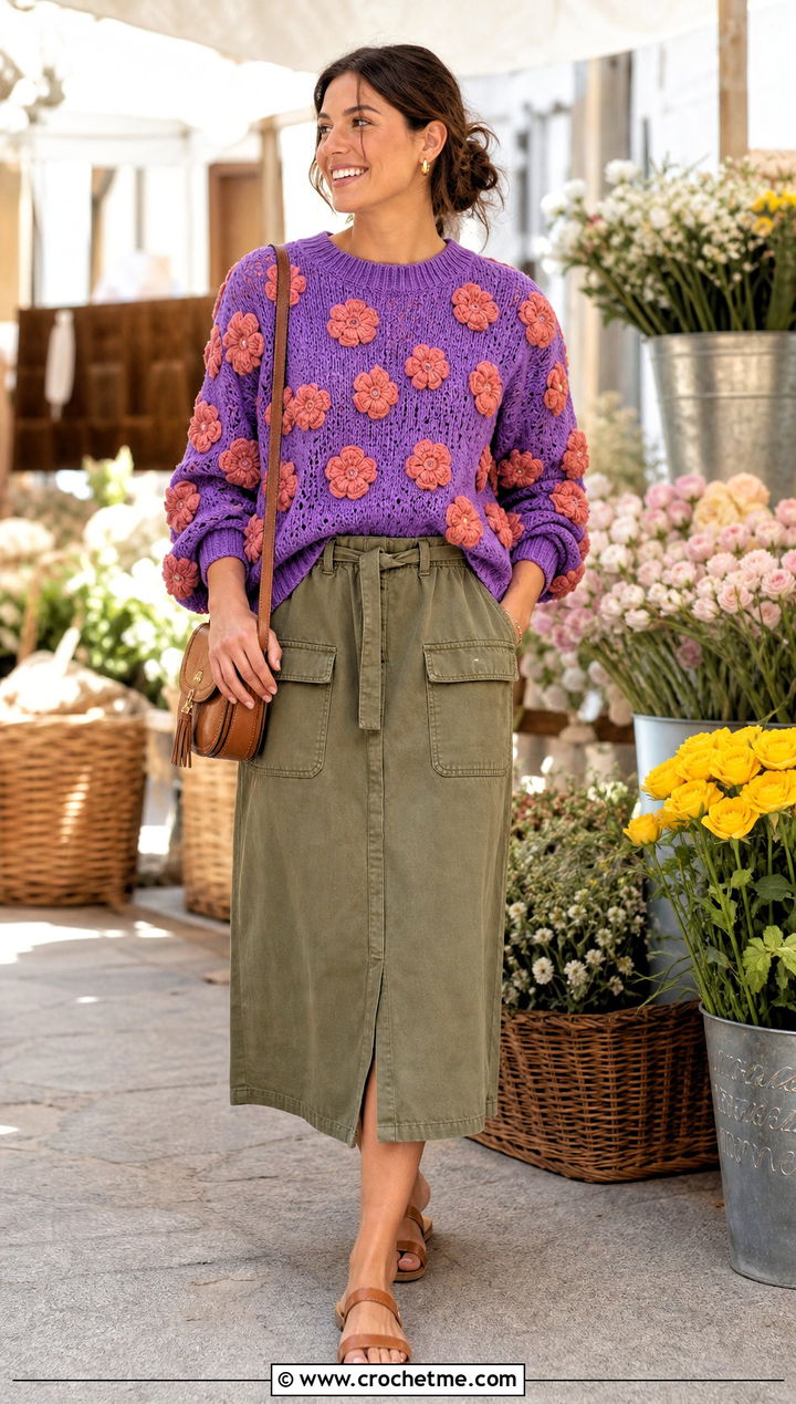 Floral Crochet Sweater With A Utility Skirt - 30 spring crochet sweater outfit ideas