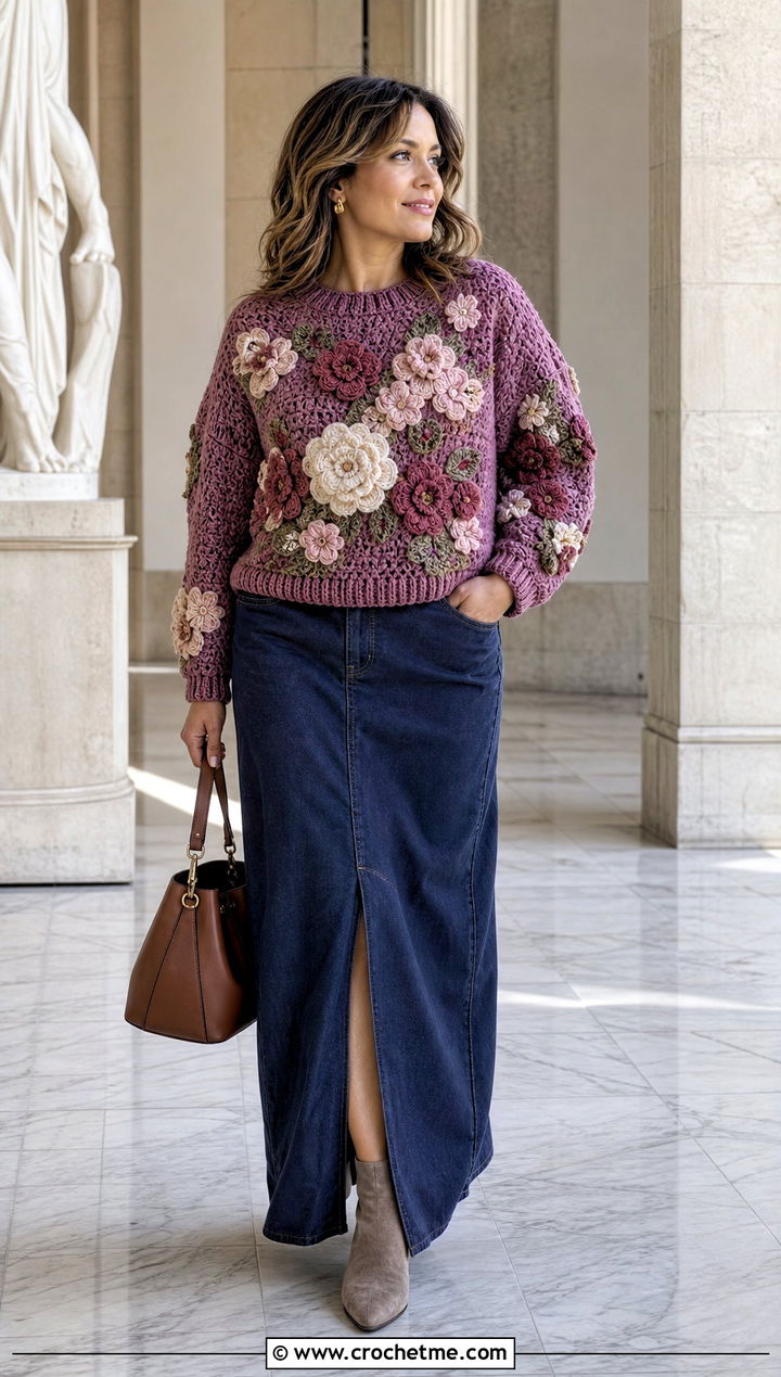 Floral Crochet Sweater With Denim Maxi Skirt - 25 Crocheted Sweaters For Women outfit ideas