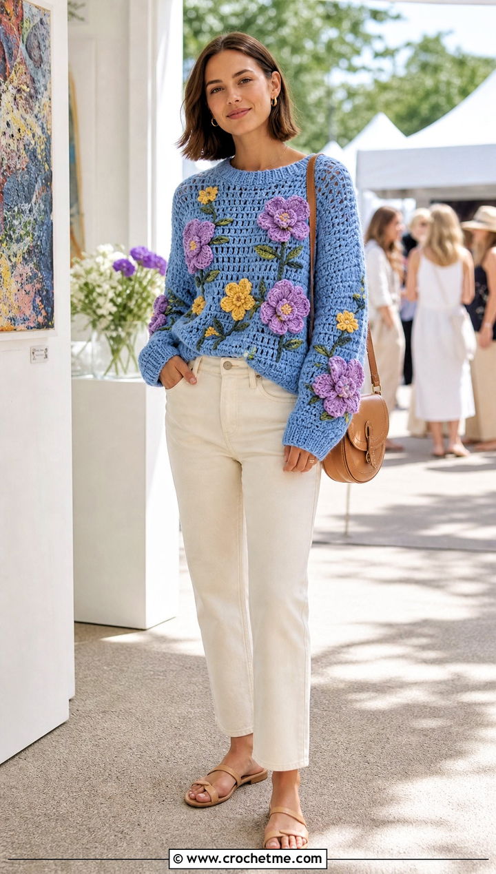Floral Crochet Sweater With Ecru Jeans - 35 summer crochet sweater outfit ideas