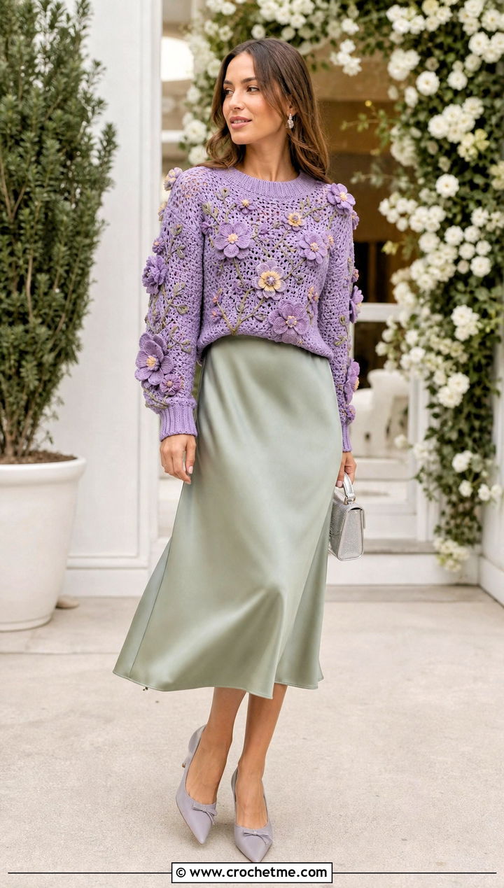 Floral Crochet Sweater With Satin Skirt - 25 Crochet For Sweaters For Women outfit ideas