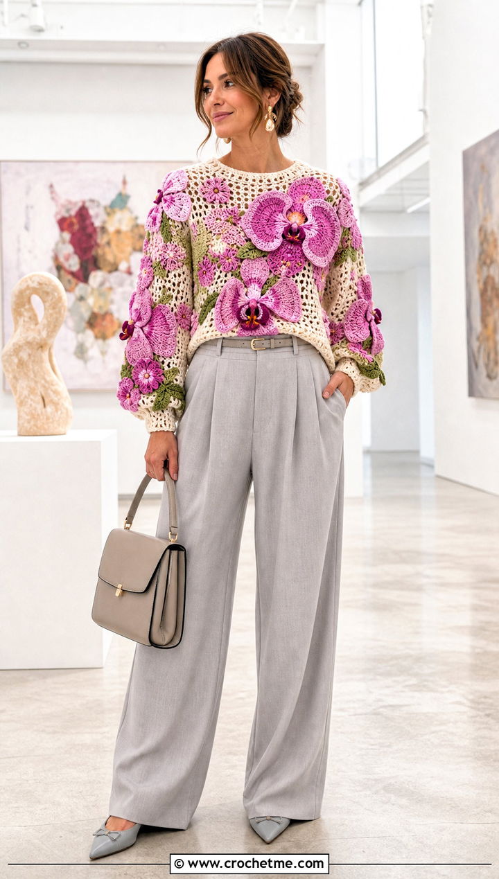 Floral Crochet Sweater With Tailored Pants - 30 Knit And Crochet Sweater outfit ideas