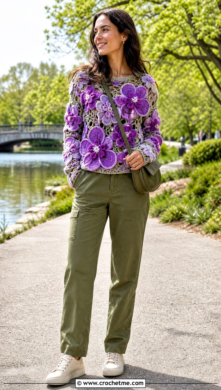 Floral Crochet Sweater With Utility Pants - 25 Fire Crochet Sweater outfit ideas