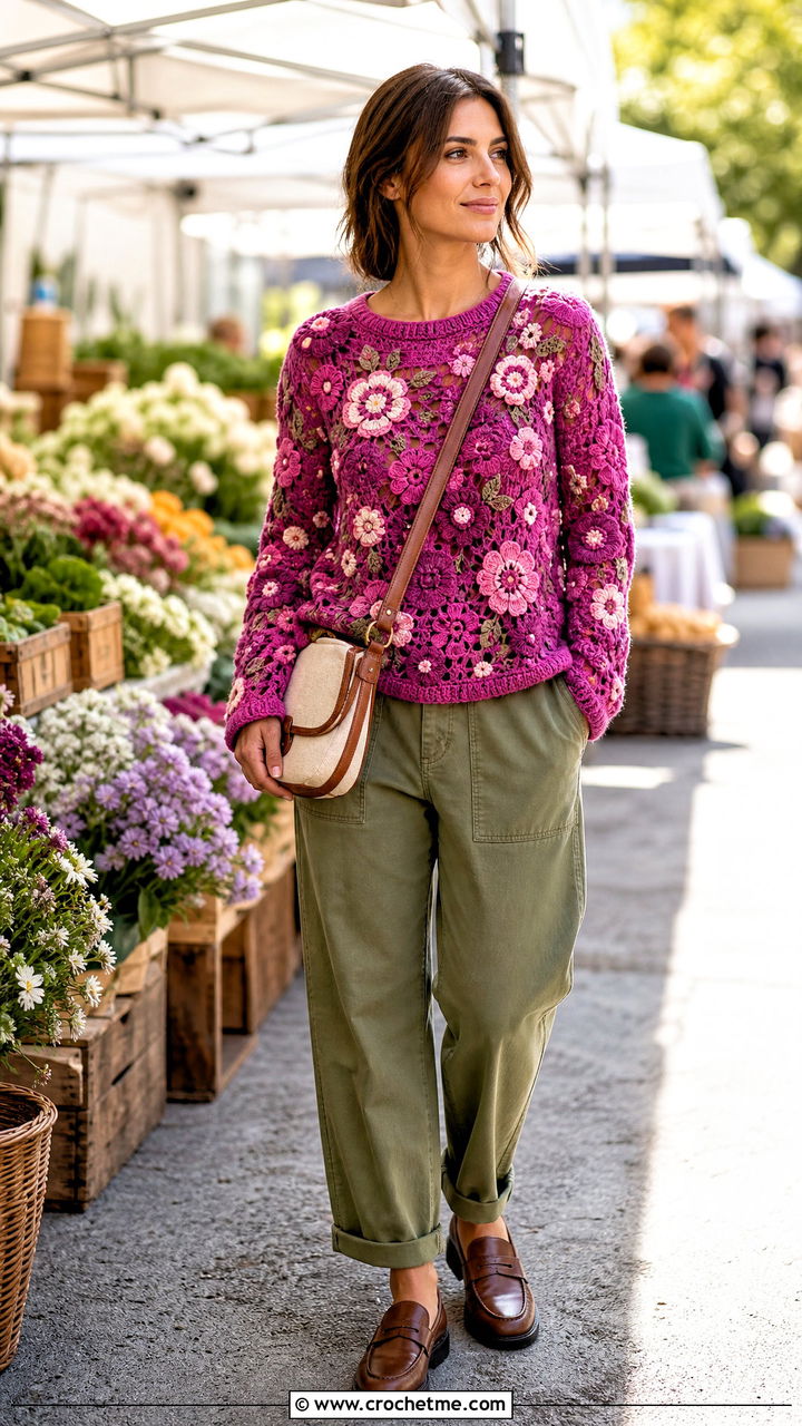 Floral Crochet Sweater With Utility Pants - 35 crochet sweaters women outfit ideas