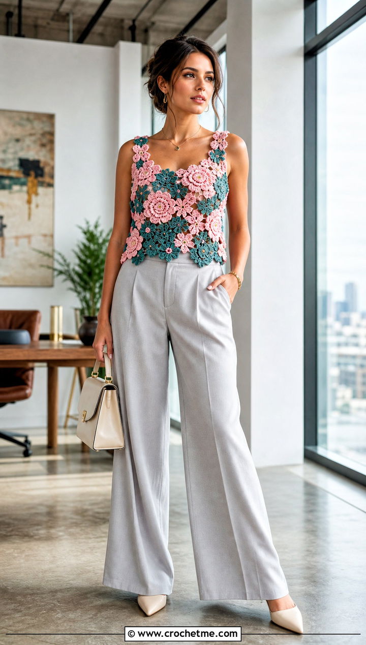 Floral Crochet Tank Top With Tailored Trousers - 30 pink and green crochet top outfit ideas