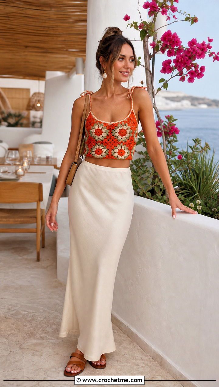 Floral Crochet Tie Strap Crop Top With Bias Cut Maxi Skirt - 30 crochet flower crop top outfit ideas