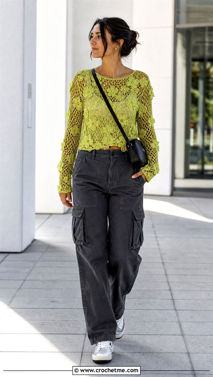Floral Crochet Top With Cargo Pants - 35 knitted crochet top outfit ideas