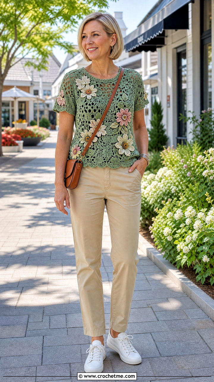 Floral Crochet Top With Chino Pants - 35 styling crochet tops outfit ideas
