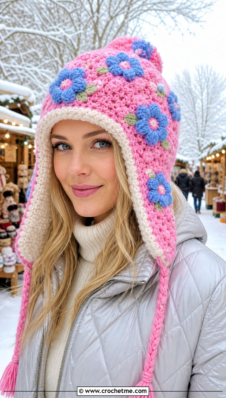 Floral Crochet Trapper Hat With Quilted Coat - 30 crochet flower hat outfit ideas