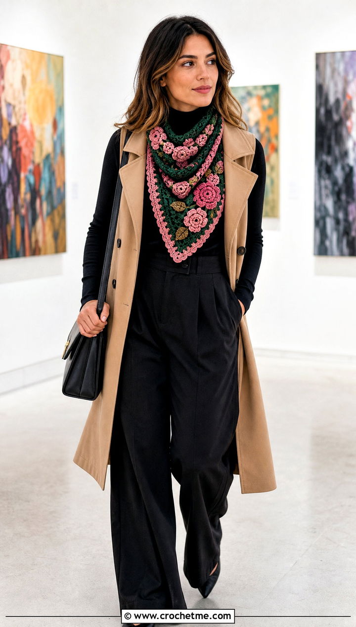 Floral Crochet Triangle Cowl With Trench Vest - 30 crochet triangle cowl outfit ideas