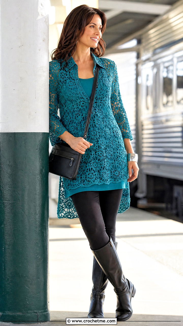 Floral Crochet Tunic Shirt With Leggings - 35 Crochet Flower Shirt outfit ideas