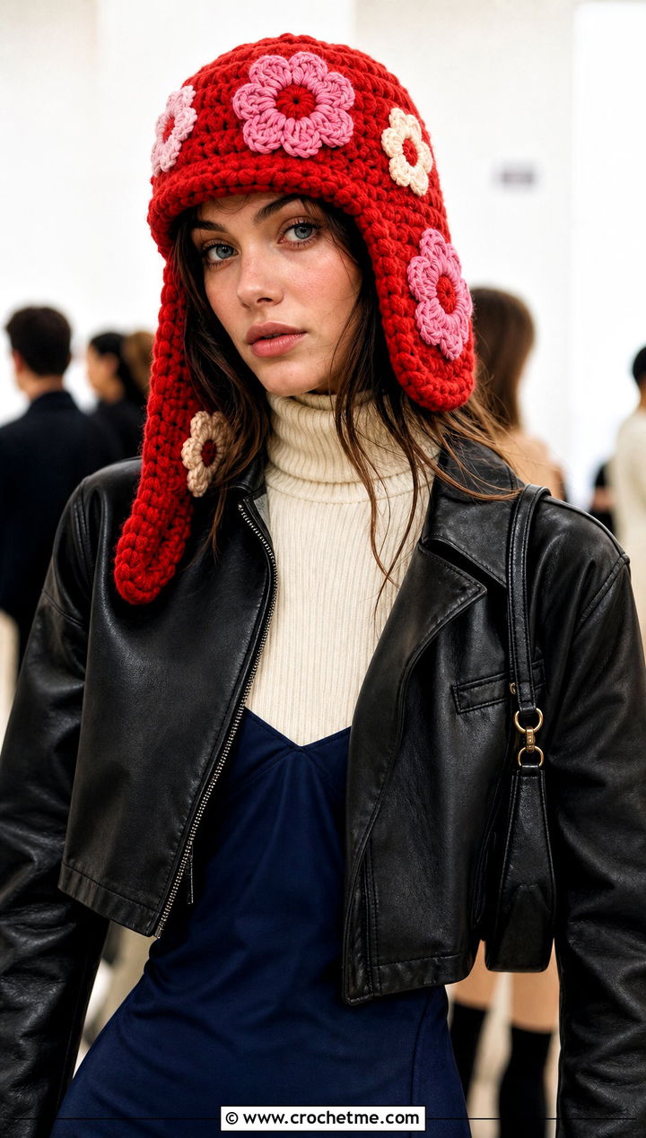 Floral Crochet Ushanka Hat With Slip Dress - 30 crochet ushanka hat outfit ideas