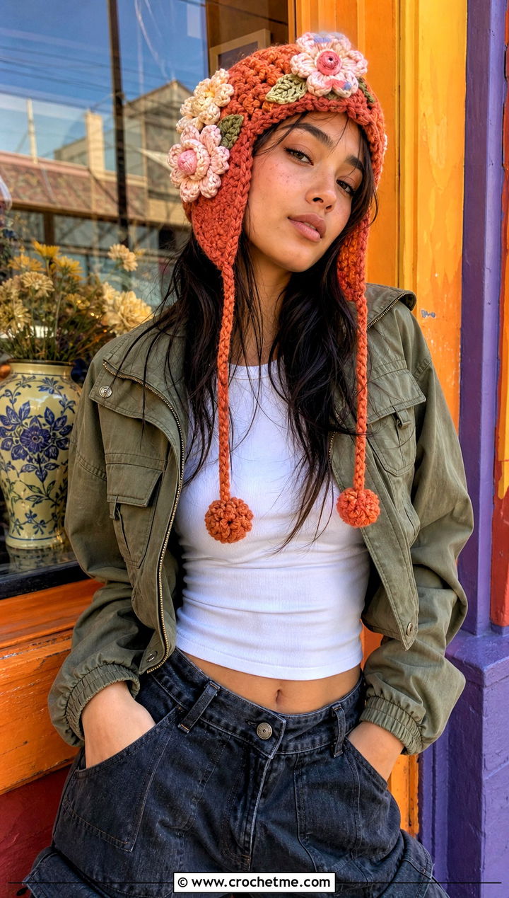 Floral Crochet Ushanka With Cargo Jeans - 35 crochet russian hat outfit ideas