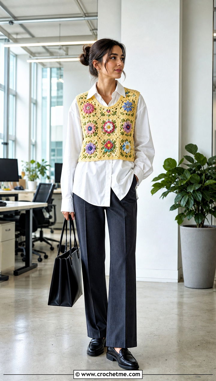 Floral Crochet Vest Over A Button Down Shirt - 35 crochet top with flowers outfit ideas
