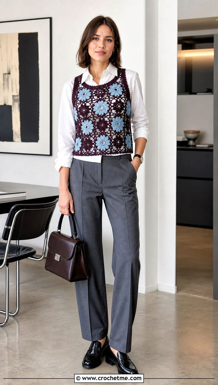 Floral Crochet Vest Top With White Button Down Shirt - 35 floral crochet top outfit ideas