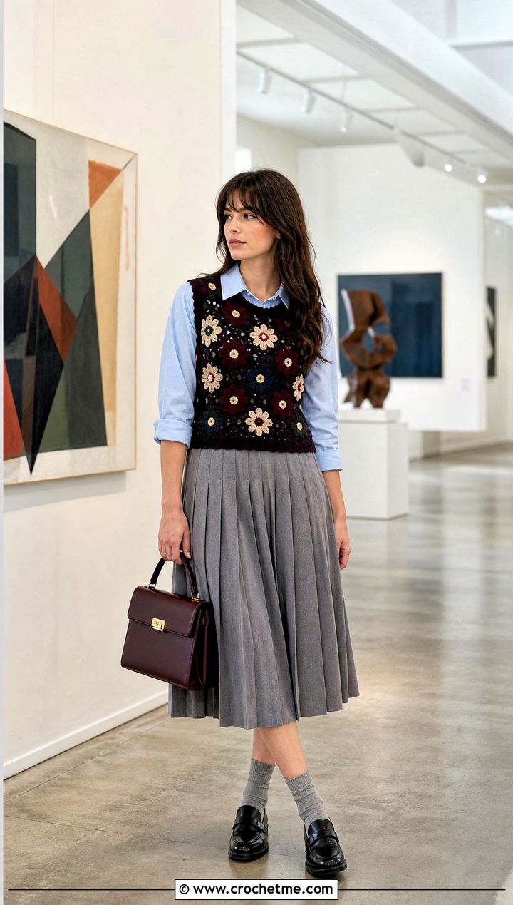 Floral Crochet Vest With Pleated Midi Skirt - 25 flower crochet tops outfit ideas