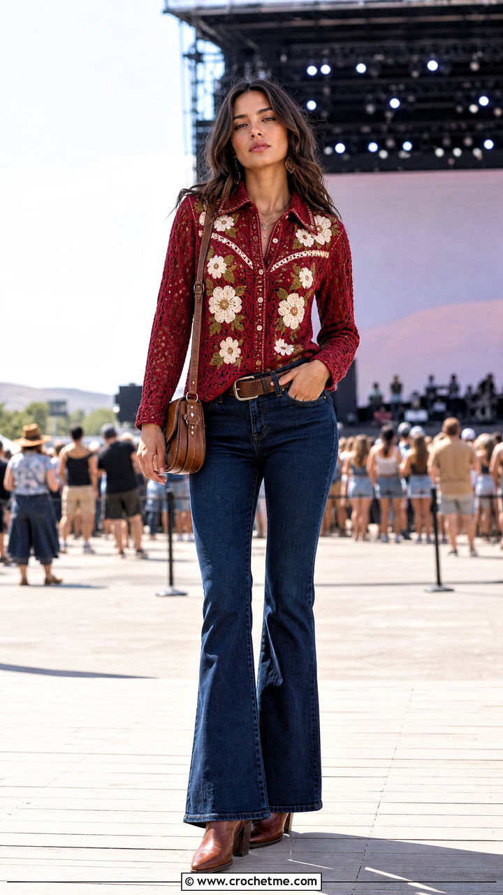 Floral Crochet Western Shirt With Flared Jeans - 35 Crochet Flower Shirt outfit ideas
