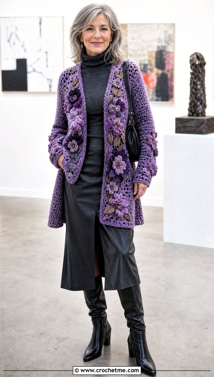 Floral Crochet Winter Cardigan With A Leather Midi Skirt - 25 crochet winter cardigan outfit ideas