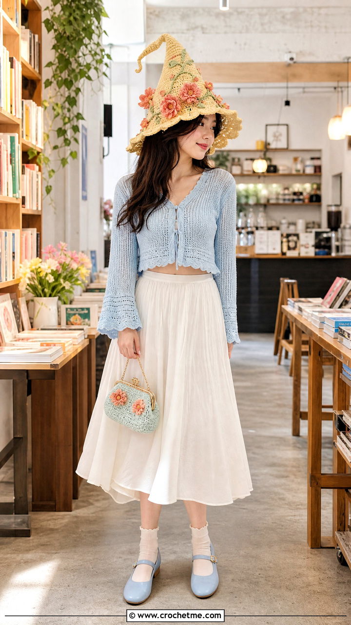 Floral Crochet Witch Hat With Cardigan And Midi Skirt - 35 crochet witch hat outfit ideas