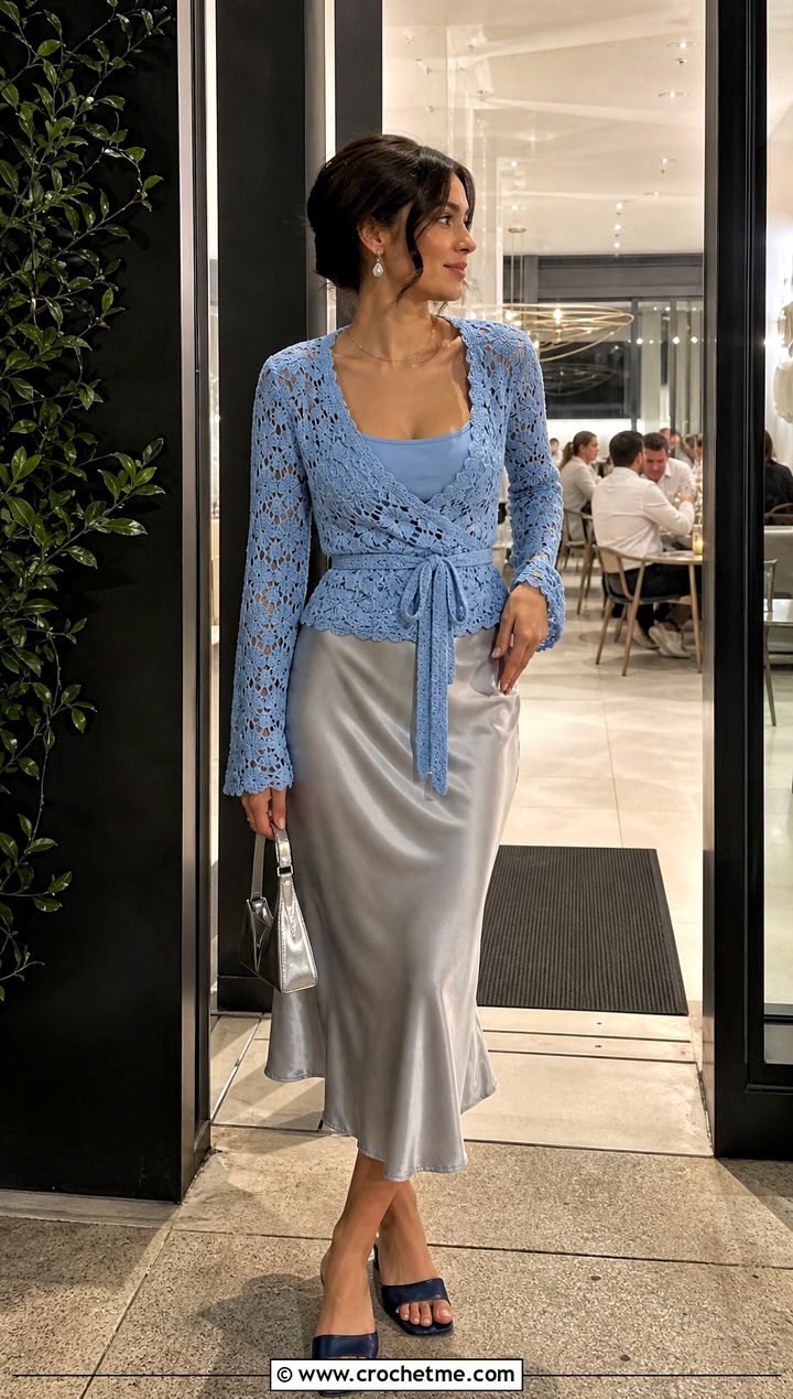 Floral Crochet Wrap Top With A Slip Skirt - 35 crochet top with flowers outfit ideas