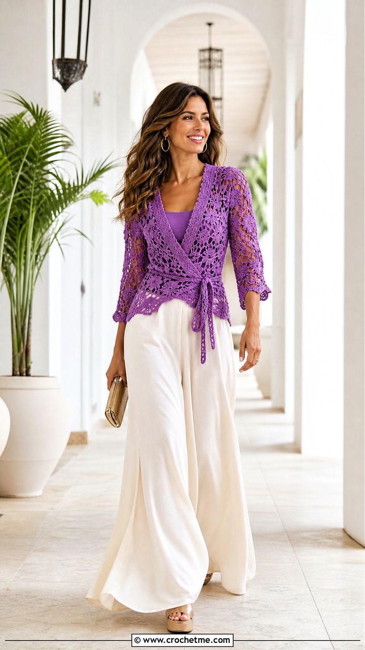 Floral Crochet Wrap Top With Palazzo Pants - 35 crochet flower top outfit ideas