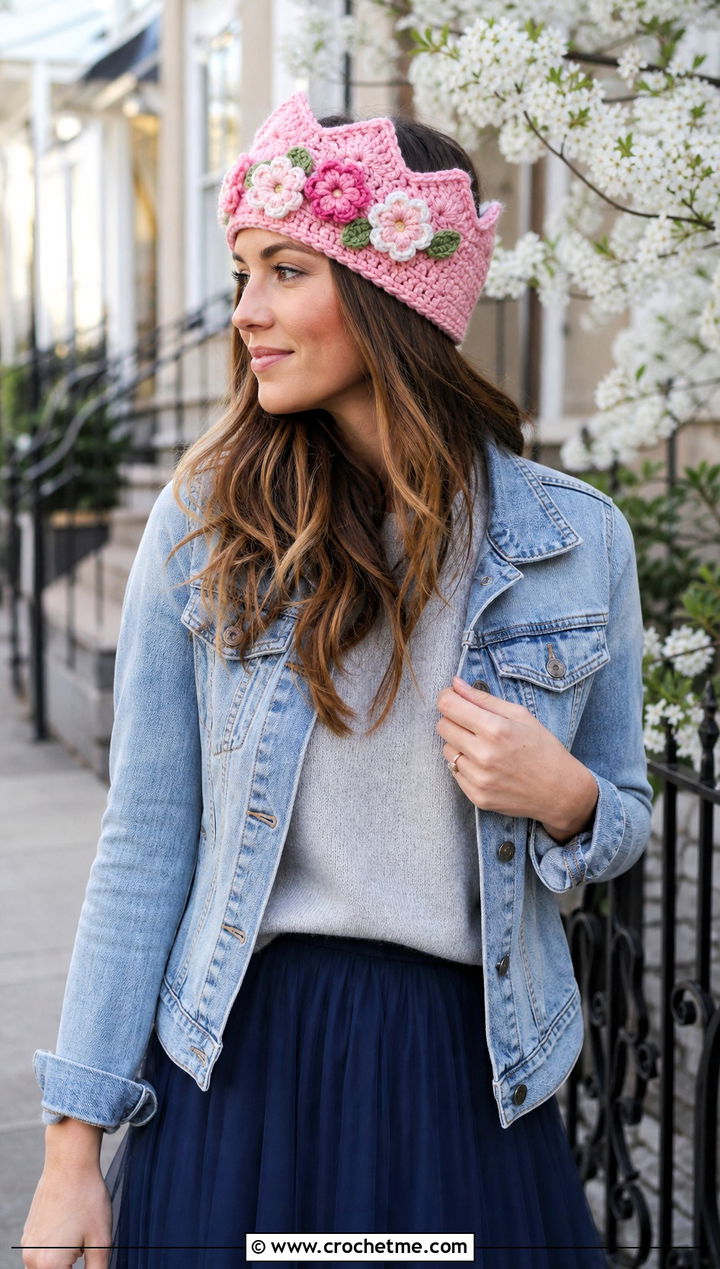 Floral Crown Ear Warmer With Denim Jacket And Midi Skirt - 25 crochet crown ear warmer outfit ideas