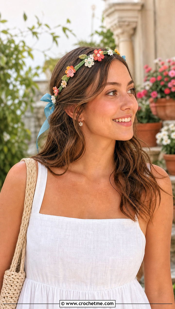 Floral Crown Ribbon Tie Crochet Headband With Linen Dress - 15 crochet headband with flower and ribbon outfit ideas