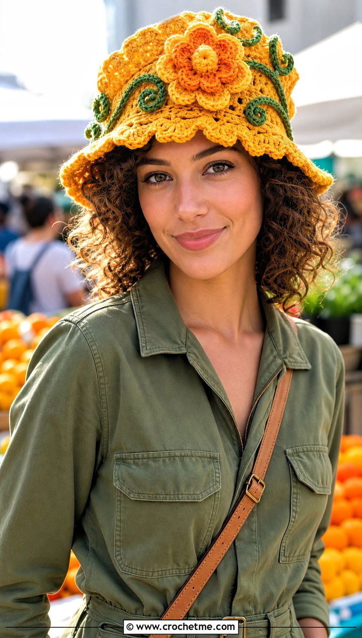 Floral Curly Cue Hat With Utility Jumpsuit - 25 Crochet Curly Cue Hat outfit ideas