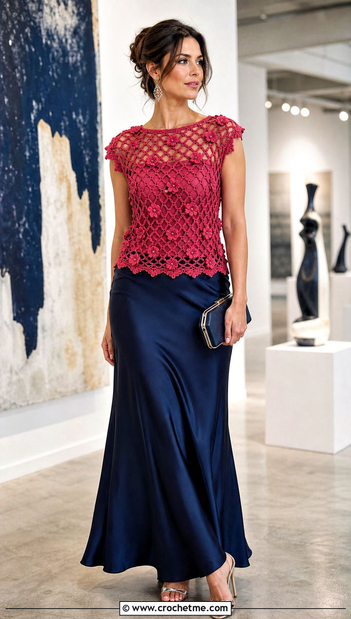 Floral Diamond Mesh Stitch Crochet Top With Silk Maxi Skirt - 25 Diamond Mesh Stitch Crochet Top outfit ideas