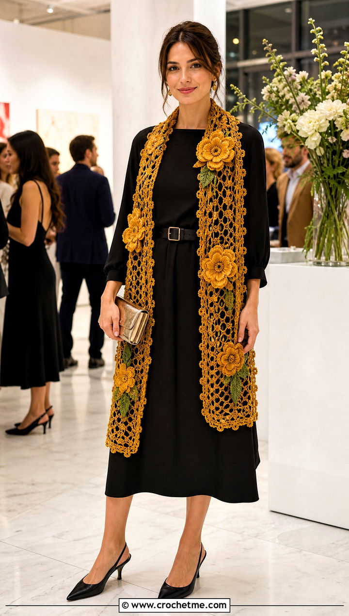 Floral Double Crochet Scarf With Black Midi Dress - 35 double crochet scarf outfit ideas