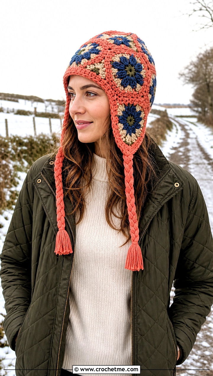 Floral Earflap Crochet Beanie With Quilted Jacket - 30 crochet flower beanie outfit ideas