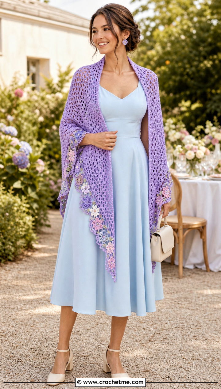 Floral Edge Crochet Rectangle Shawl With Tea Dress - 35 Crochet Rectangle Shawl outfit ideas