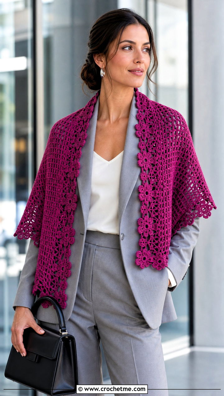 Floral Edge Rectangle Shawl With Monochrome Suit - 25 Easy Crochet Rectangle Shawl outfit ideas