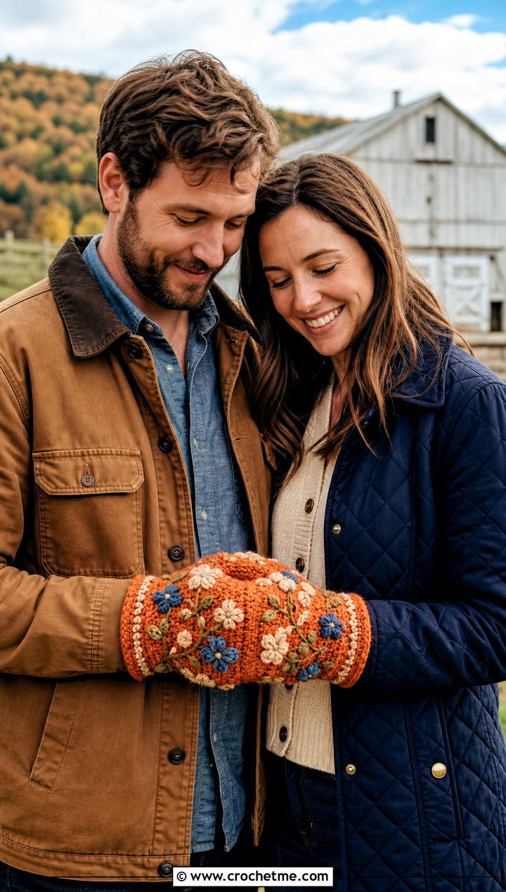 Floral Embroidered Couple Mittens With Cottage Outfits - 25 crochet couple mittens outfit ideas