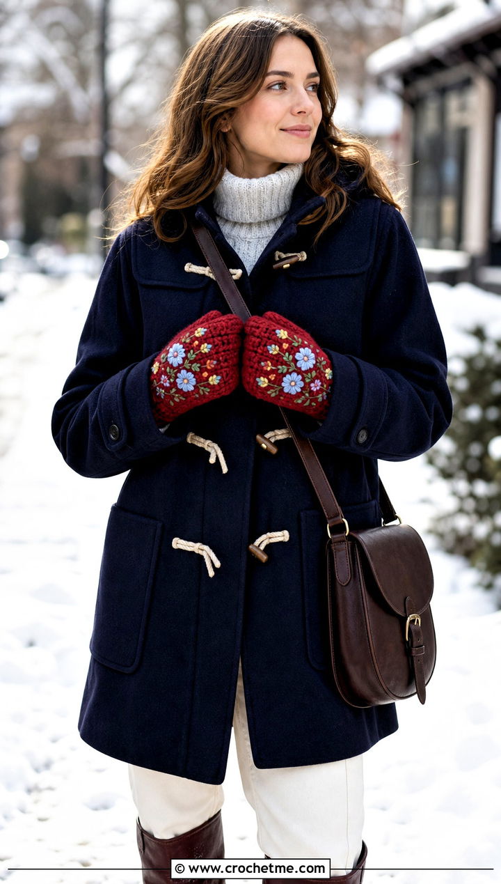Floral Embroidered Crocheted Mittens With Duffle Coat - 30 Crocheted Mittens outfit ideas