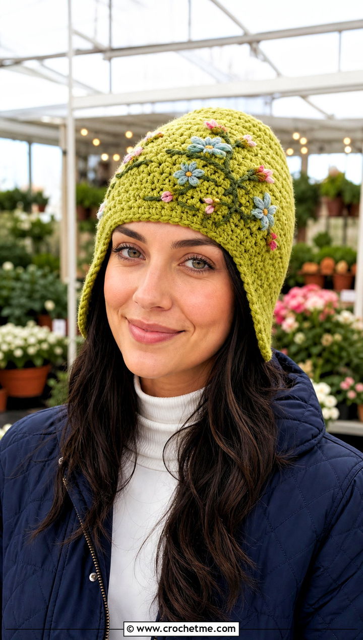 Floral Embroidered Ear Flap Beanie With Quilted Jacket - 30 crochet ear flap beanie outfit ideas