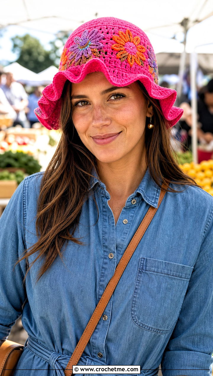 Floral Embroidered Ruffle Crochet Bucket Hat With Denim Shirt Dress - 25 ruffled crochet bucket hat outfit ideas