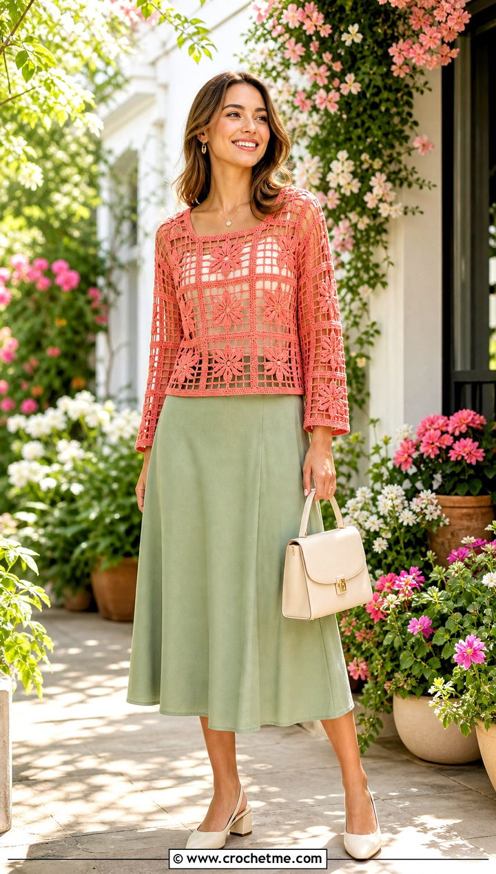 Floral Filet Crochet Grid Sweater With A Line Skirt - 30 crochet grid sweater outfit ideas