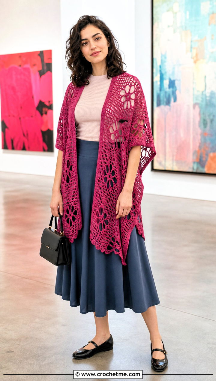 Floral Filet Crochet Ruana With Midi Skirt And Ballet Flats - 15 easy crochet ruana outfit ideas