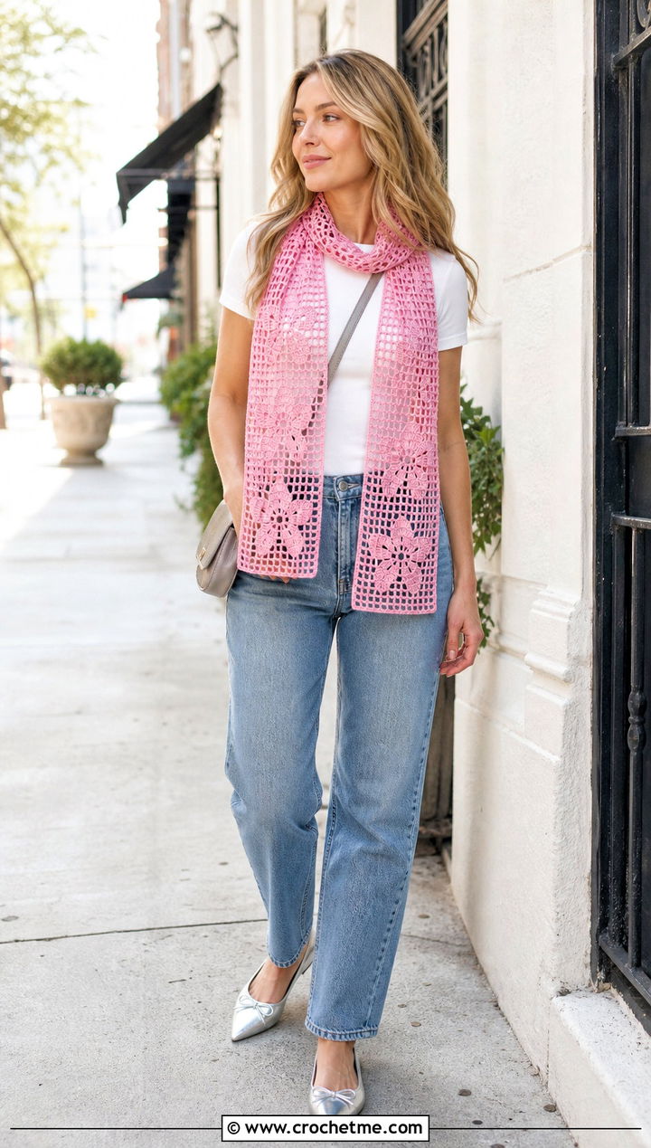 Floral Filet Crochet Scarf With White T Shirt And Jeans - 35 filet crochet scarf outfit ideas