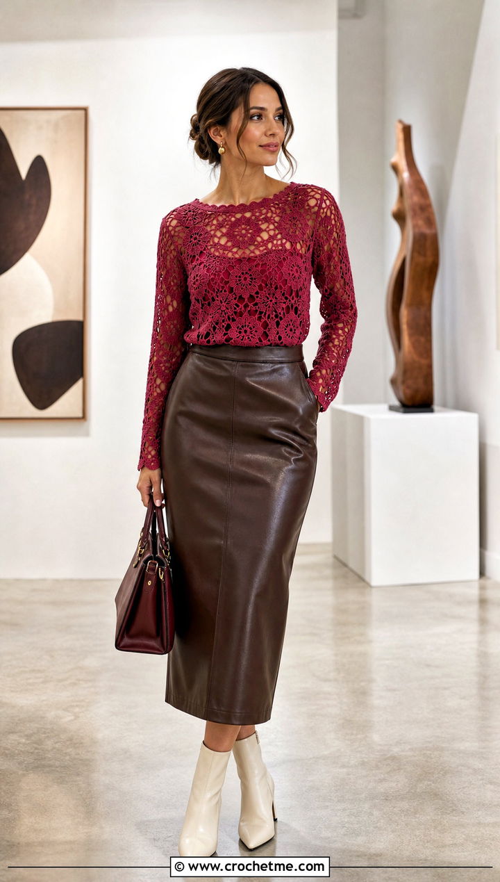 Floral Filet Crochet Top With A Leather Midi Skirt - 35 crochet top with flowers outfit ideas