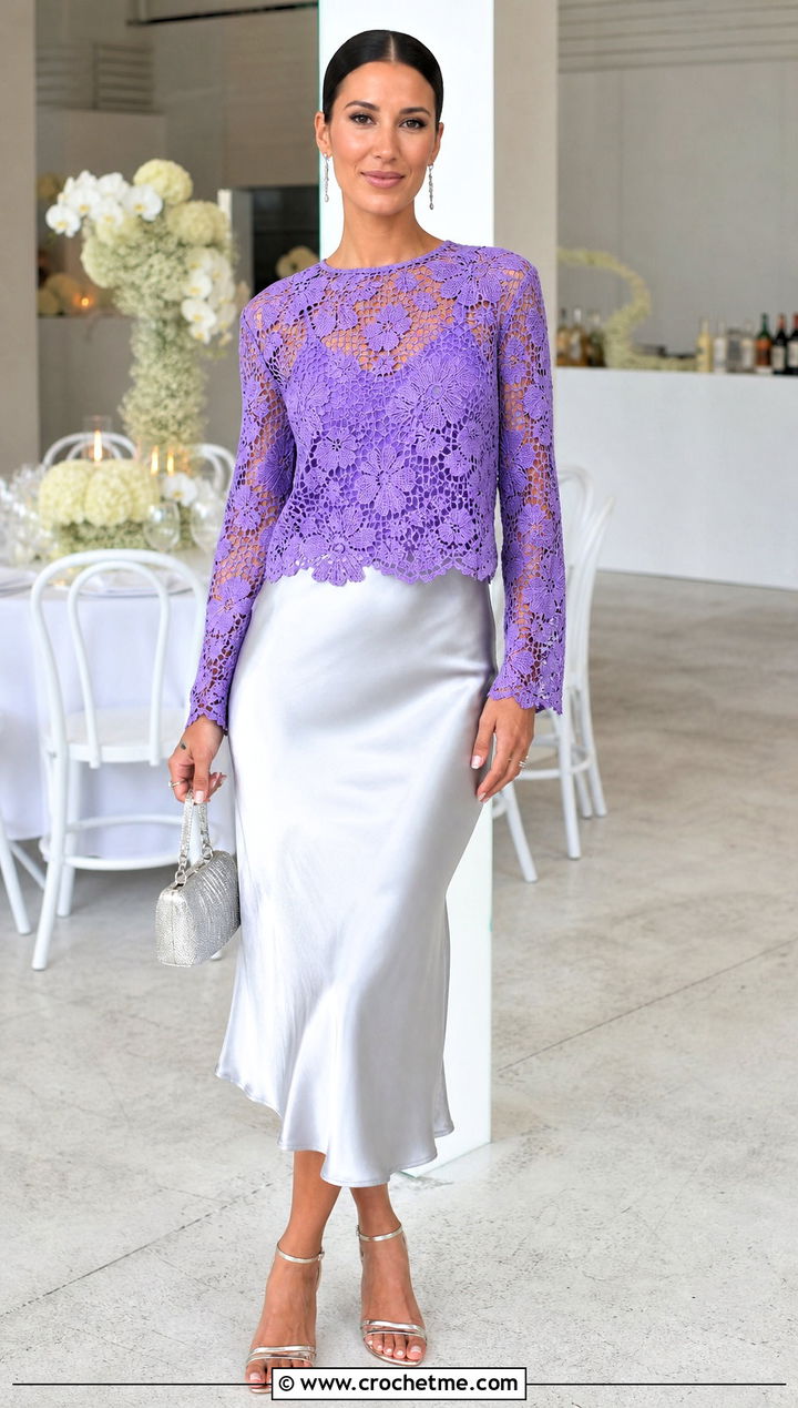 Floral Filet Lace Long Sleeve Top With Satin Midi Skirt - 25 Crochet Flower Top Long Sleeve outfit ideas
