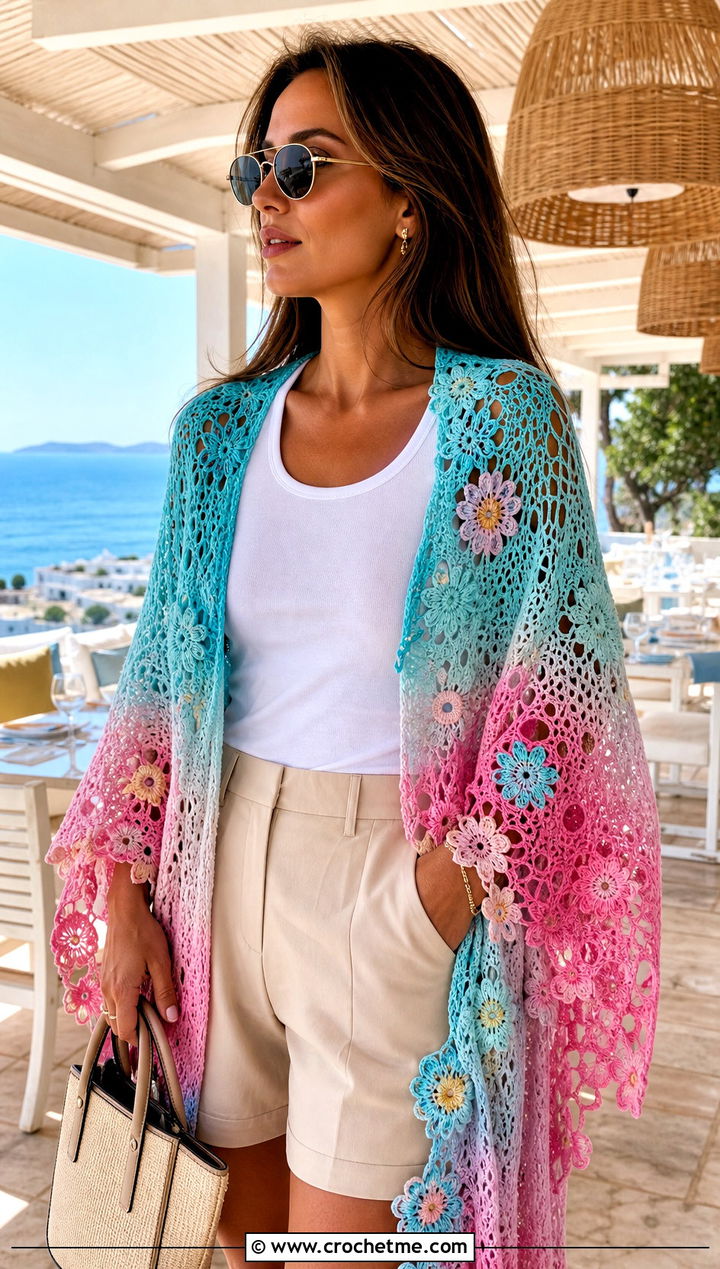 Floral Gradient Shawl With Tailored Shorts - 15 Crochet Gradient Shawl outfit ideas