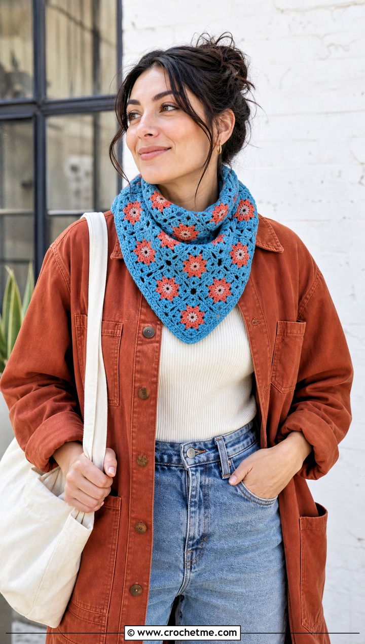 Floral Granny Crochet Bandana Cowl With Chore Coat - 30 crochet bandana cowl outfit ideas