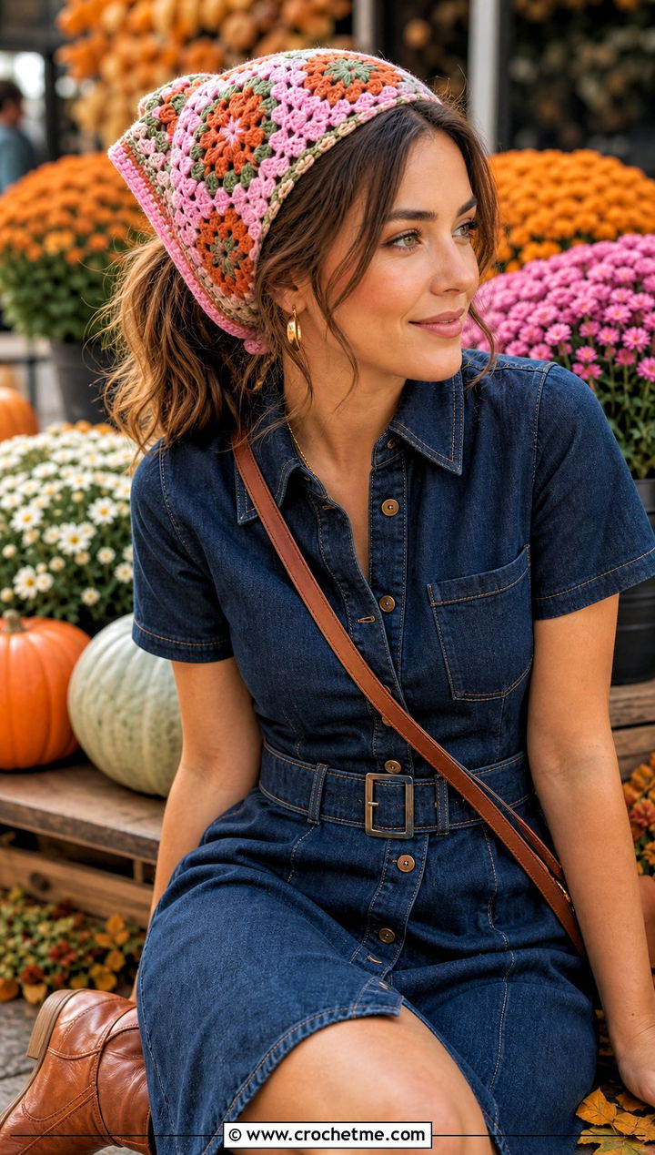 Floral Granny Crochet Triangle Hair Scarf With Denim Dress And Boots - 25 crochet triangle hair scarf outfit ideas