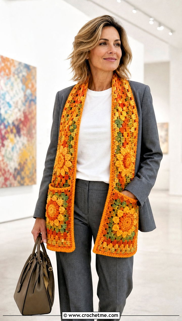 Floral Granny Pocket Scarf With Tailored Suit - 25 crochet pocket scarves outfit ideas