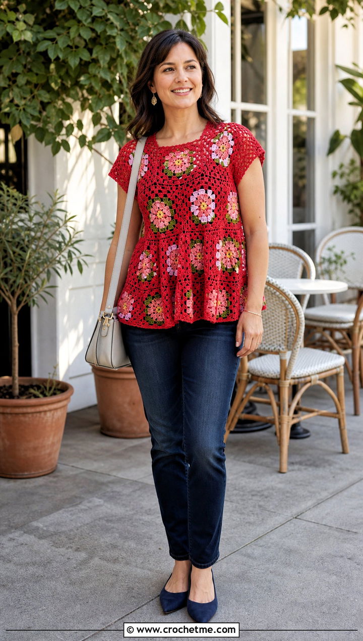 Floral Granny Square Babydoll Top With Slim Jeans - 35 granny square crochet top outfit ideas