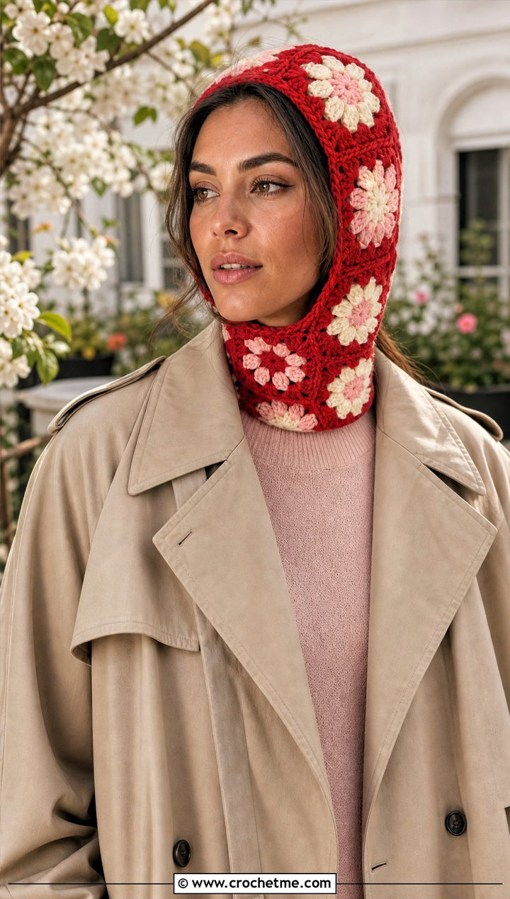 Floral Granny Square Balaclava With Trench Coat - 30 crochet granny square balaclava outfit ideas