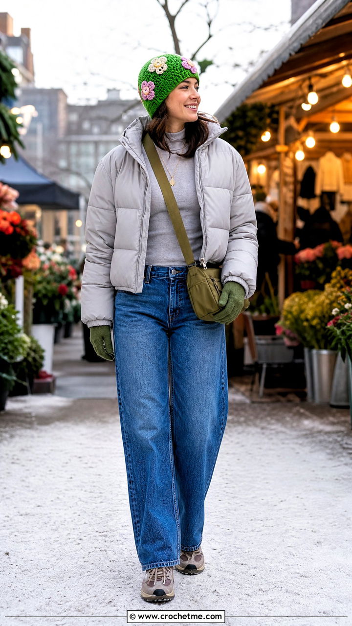 Floral Granny Square Beanie With Puffer Jacket - 35 crochet granny square beanie outfit ideas