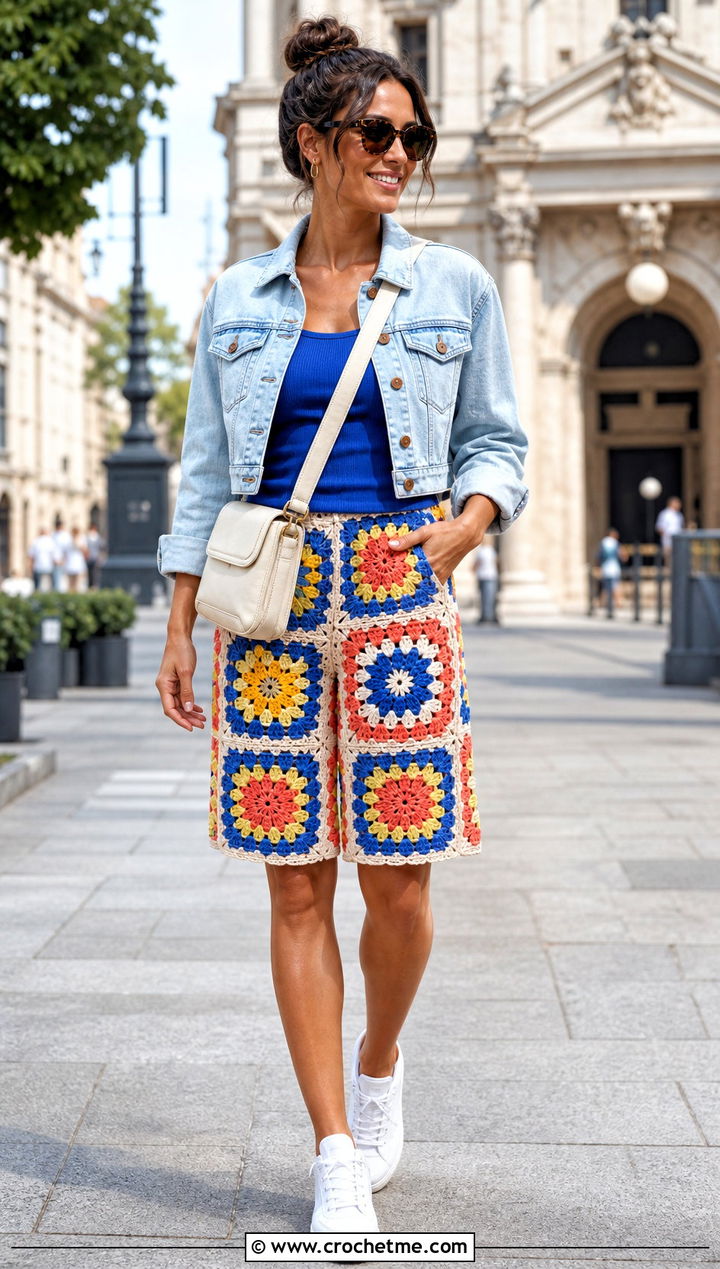 Floral Granny Square Bermuda Shorts With Tank Top - 30 crochet baggy shorts outfit ideas