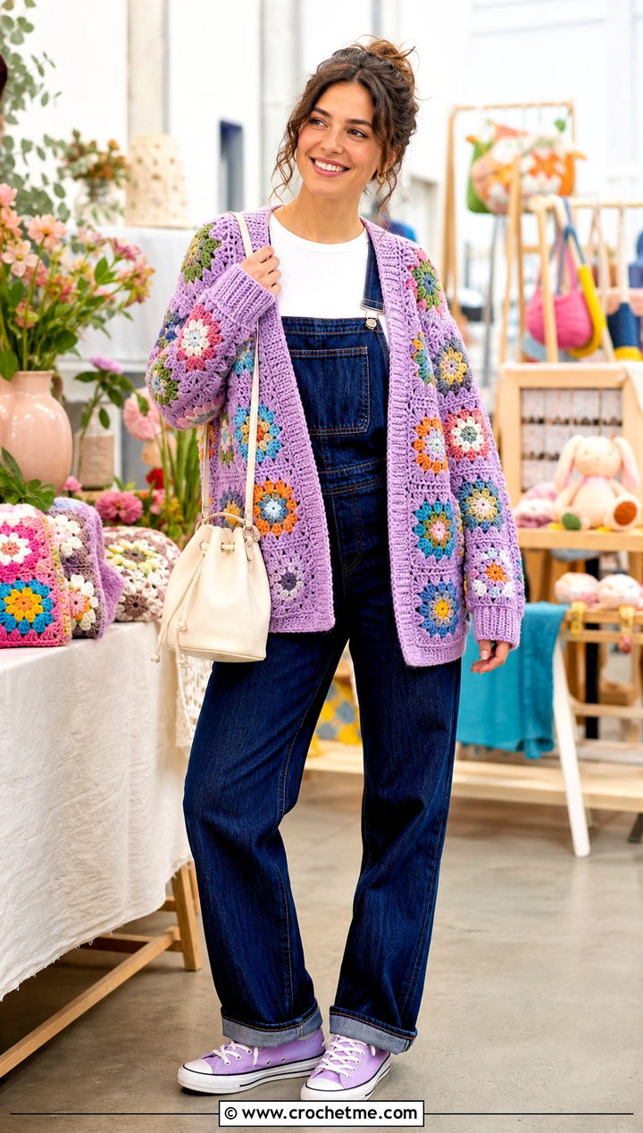Floral Granny Square Blanket Crochet Cardigan With Overalls - 25 blanket crochet cardigan outfit ideas